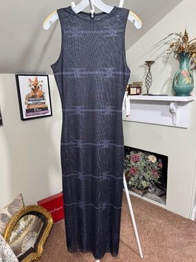 NWT Honor the Gift 2 ply Mesh Sleeveless Black Midi Dress Subtle Pattern